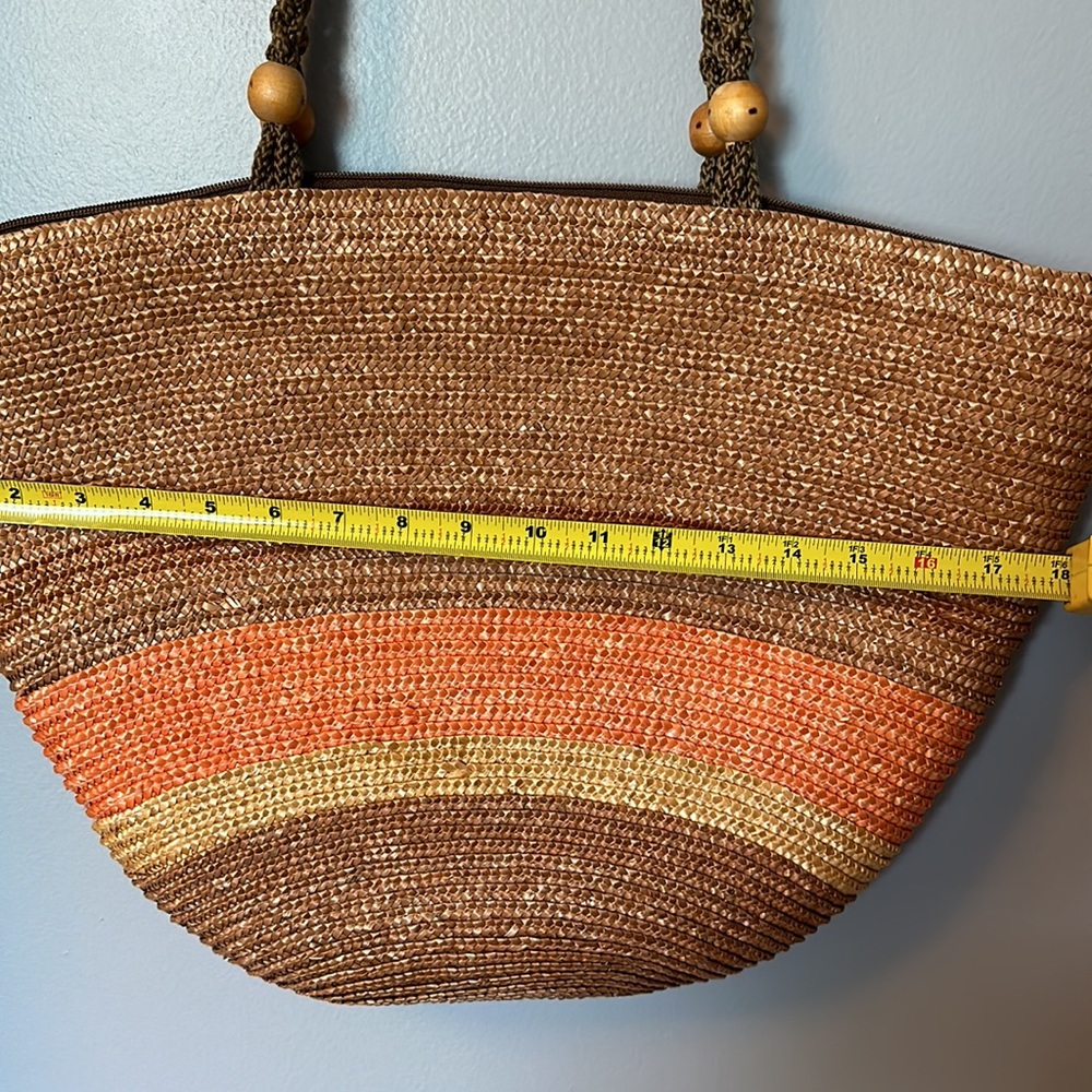 Boho Woven Straw Tote Bag Beach Shoulder Bag Brown Coral Orange Large Tote - Picture 4 of 5